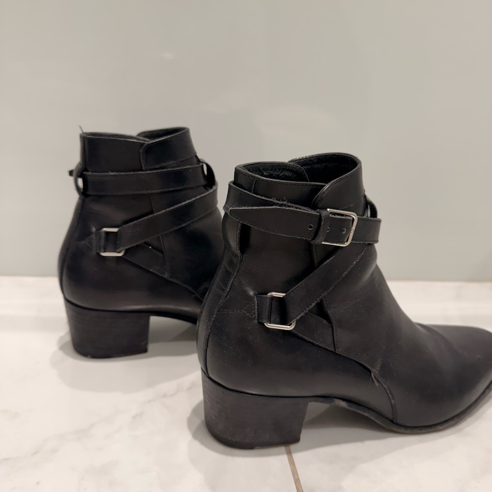 Saint Laurent Black Leather Ankle Booties with Buckle Straps - Picture 2 of 12